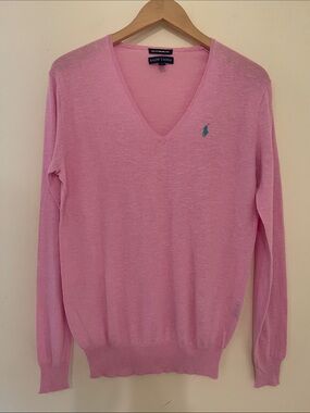 Polo Ralph Lauren Light Pink V-Neck Sweater with Teal Pony Logo Boyfriend Fit M